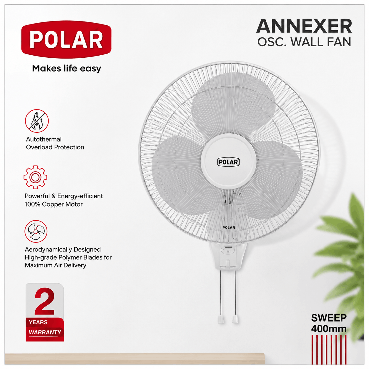 Polar 400mm Oscillating Wall Fan – 100% Copper Motor, White, 2-Year Warranty